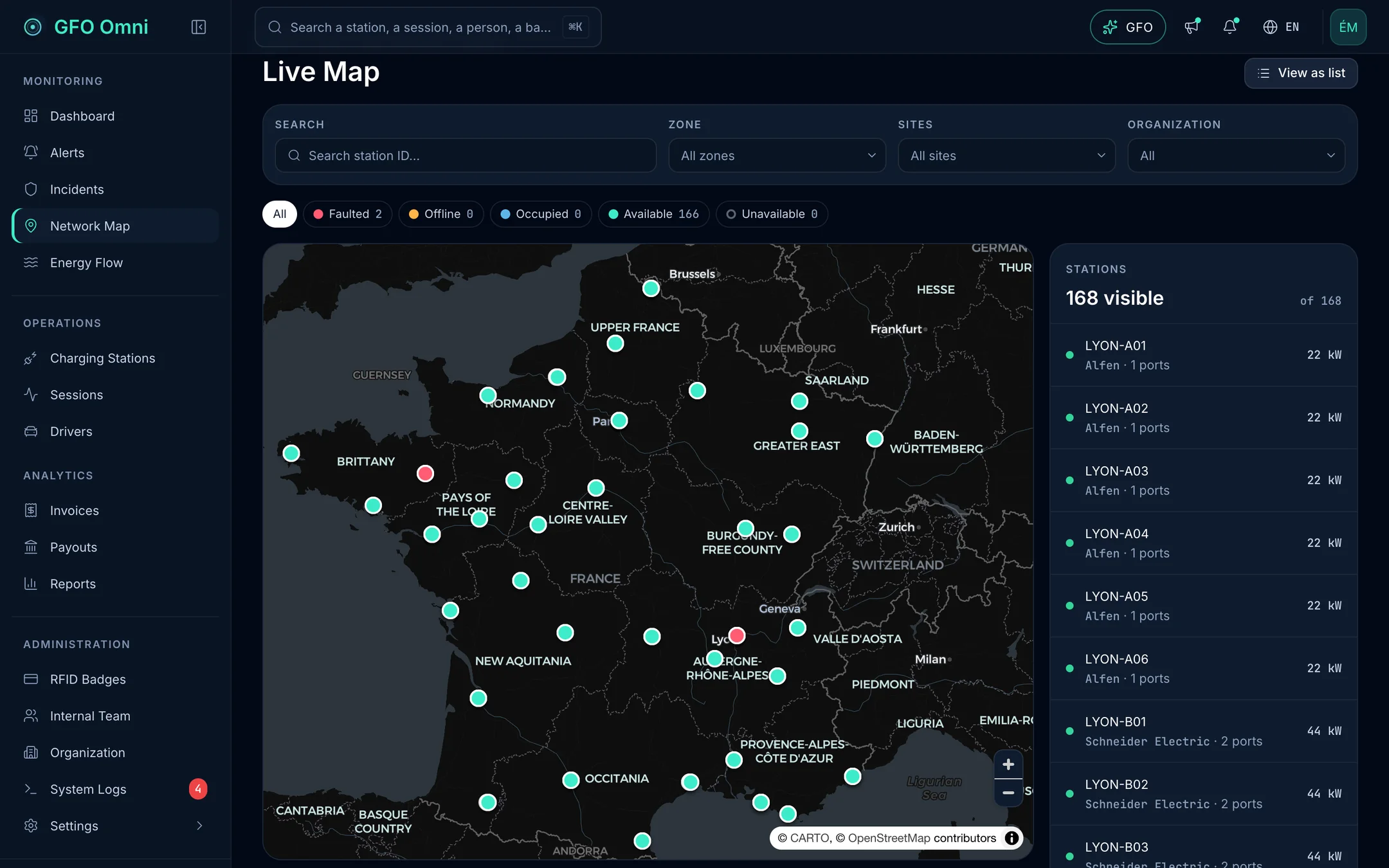 The live map: every site is available, apart from two faulted chargers.