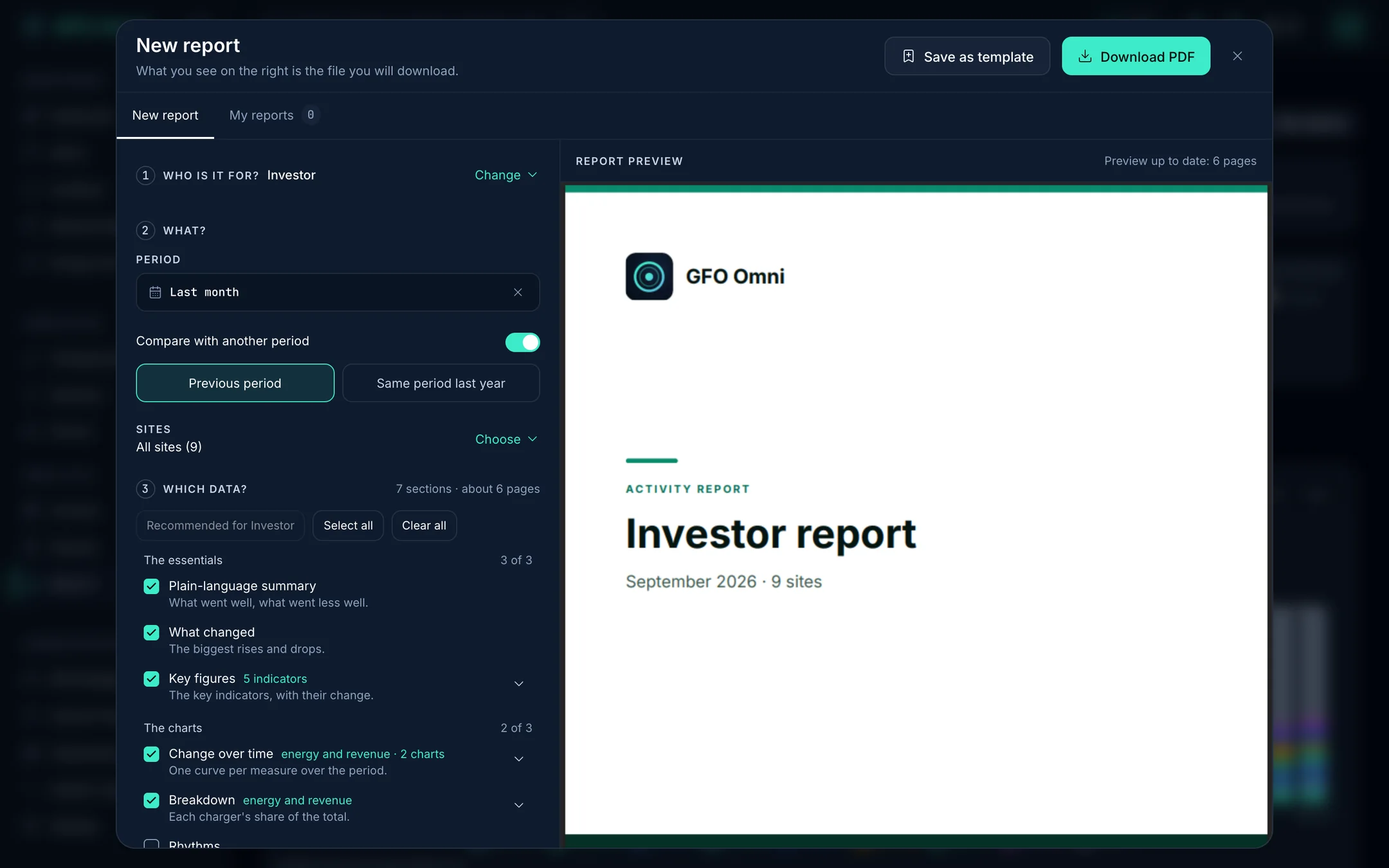 The New report window: who it’s for, the period, the sites, the chapters, and the PDF preview.