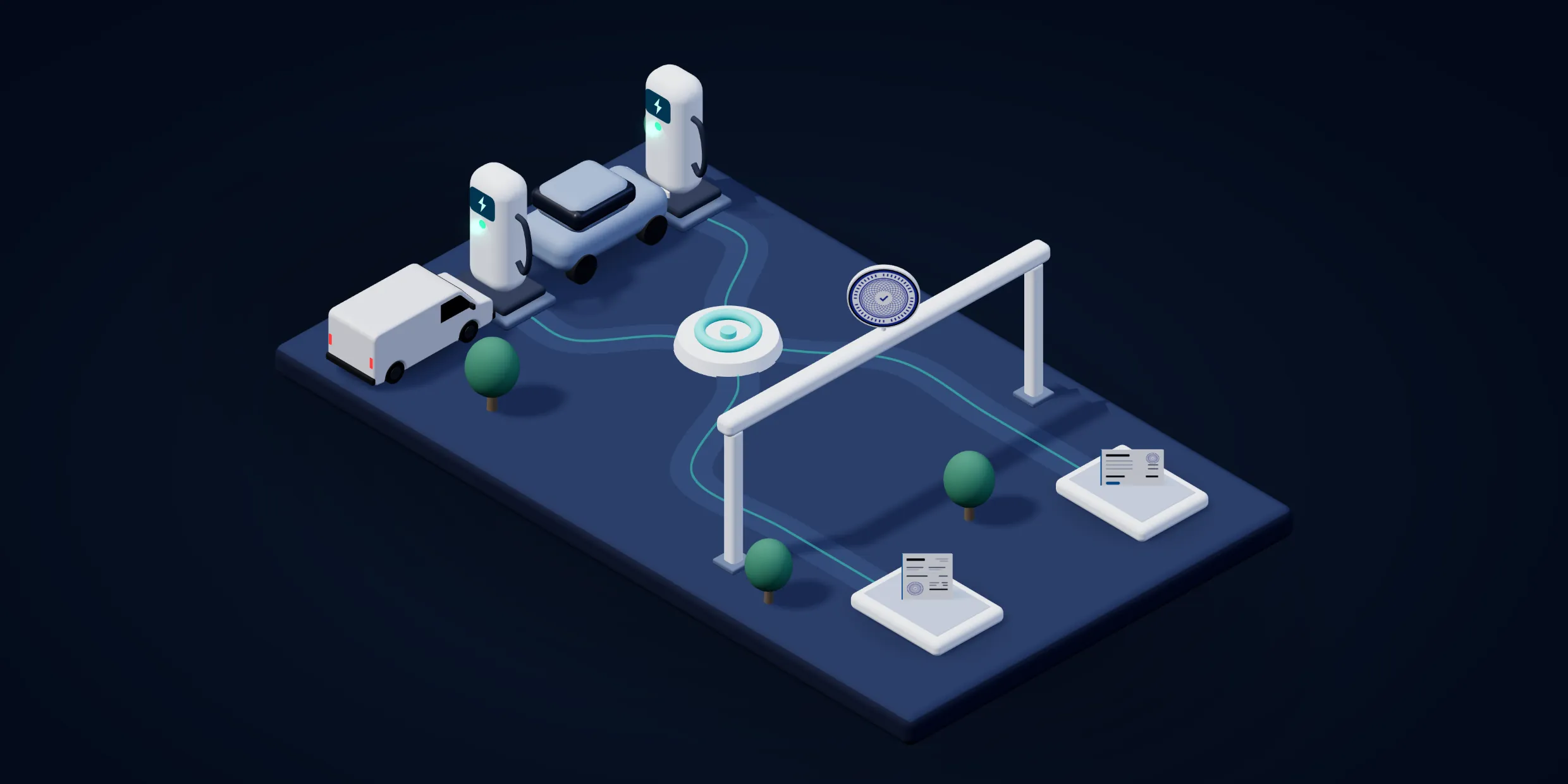 A soft 3D model: two charge points, an individual driver’s car and a fleet van. Their sessions go through GFO Omni, which sorts them: the individual driver’s receipts merge into a daily total, the fleet receives an e-invoice; both pass under the approved platform’s gate.